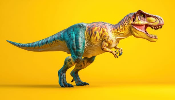 A vibrant and colorful toy dinosaur is playfully walking across a bright yellow background filled with joy