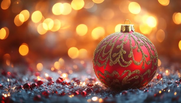 A bright red Christmas ornament is beautifully resting atop a vibrant pile of assorted Christmas lights