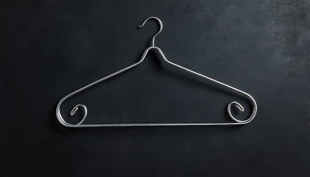 A metallic hanger is suspended and hanging on a dark black wall, creating an interesting visual effect