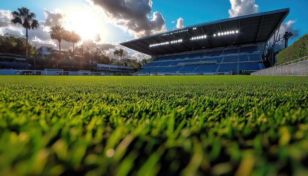 A vibrant soccer field is depicted with a stadium in the background while the sun shines brightly through the clouds
