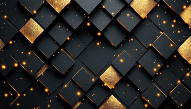 A decorative and visually appealing black and gold background featuring an arrangement of squares and dots