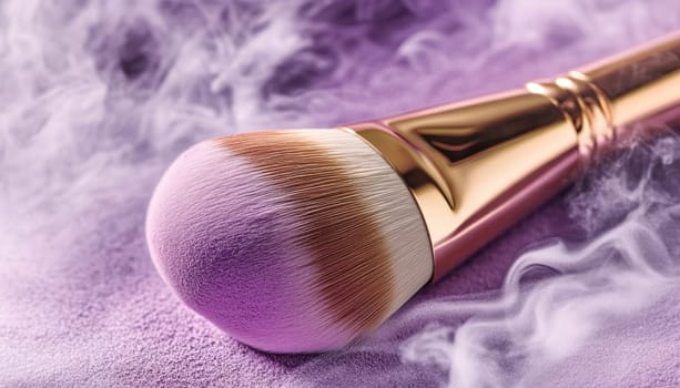A detailed close up image of a makeup brush resting gracefully on a vibrant purple surface showcasing its beauty