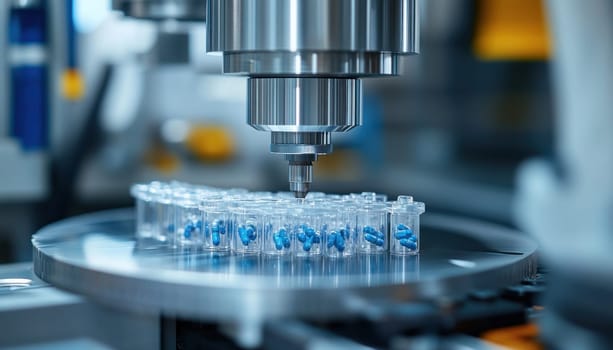 In a controlled environment, a sophisticated machine is currently producing a vaccine within a scientific laboratory