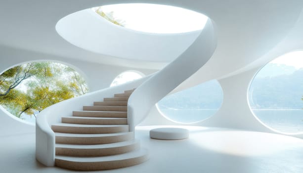 In the center of the large, open room, there is an elegant spiral staircase that spirals upward gracefully
