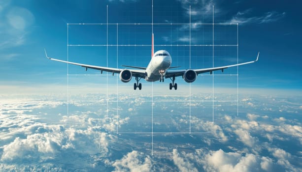 An airplane is currently flying high in the expansive sky, gracefully above the fluffy white clouds