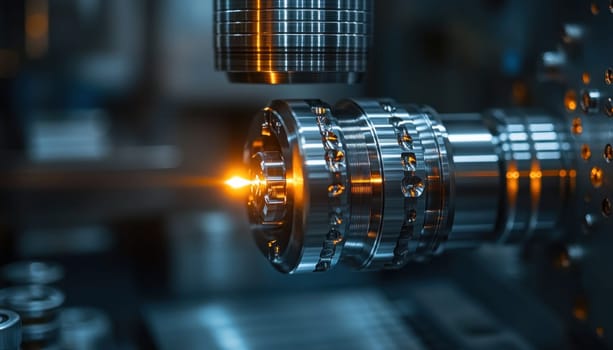 A powerful machine is cutting a piece of metal and producing bright sparks that fly out during the process