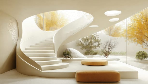 In the very center of the room, there is a beautifully designed spiral staircase that captivates attention
