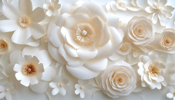 A delightful collection of beautiful white paper flowers elegantly arranged against a pristine white background