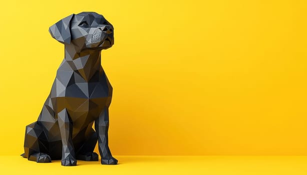 A low poly statue representing a black dog is beautifully placed against a vibrant yellow background