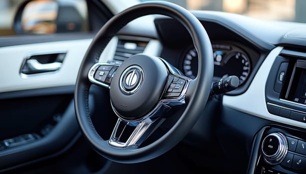 This is a detailed closeup shot showcasing the intricate design of a cars steering wheel and dashboard layout