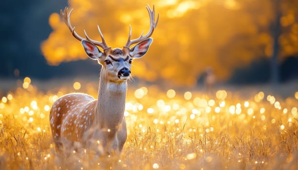 A magnificent deer with impressive antlers is standing gracefully in a vast field of tall green grass