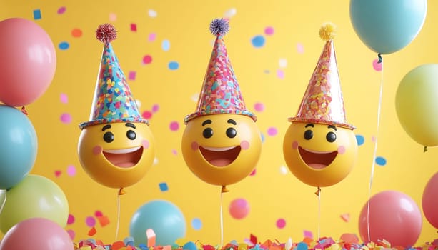 Three cheerful smiley faces wearing colorful party hats are surrounded by festive balloons and dazzling confetti