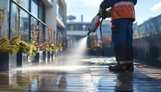 A man is utilizing a highly powerful and effective high pressure washer to thoroughly clean a sidewalk area