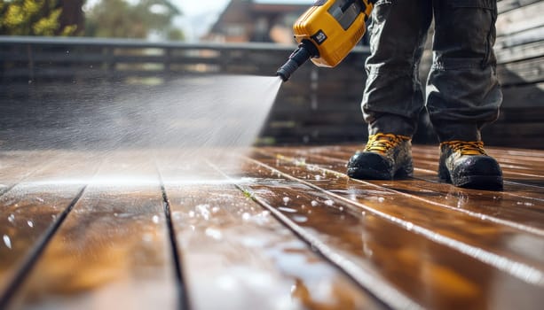 An individual is thoroughly cleaning a wooden deck surface using a highpressure washing machine for optimal results