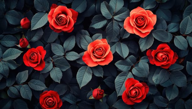 An exquisite bunch of vibrant red roses adorned with lush green leaves set against a dark background
