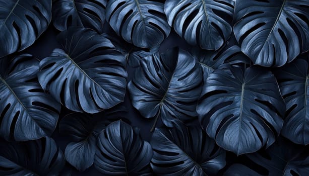 This is a detailed closeup image showcasing a bunch of vibrant blue leaves set against a dark background