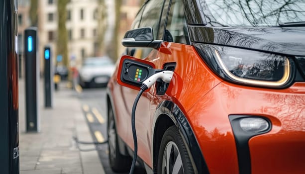 An electric car is currently being charged at a public charging station for electric vehicles located nearby