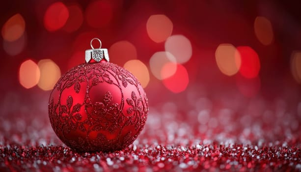 A vibrant red Christmas ornament is elegantly positioned atop a generous pile of red berries that surround it