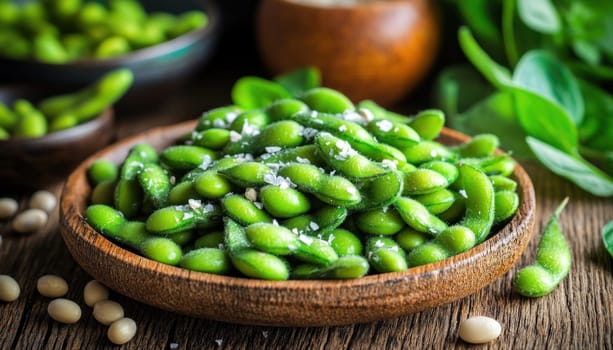 A rustic wooden plate adorned with vibrant green edamame beans set on a natural wooden table surface