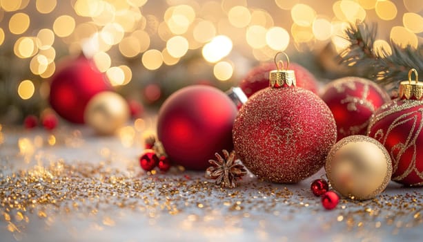 A beautiful arrangement of vibrant red and gold Christmas balls artistically placed on a lovely table surface