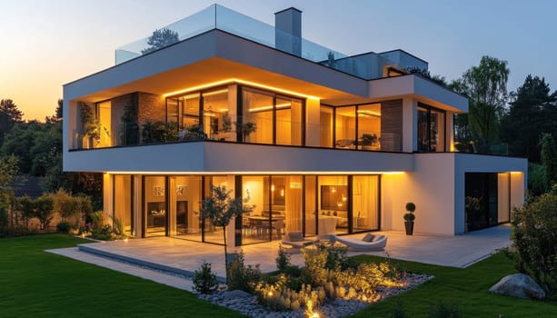A spacious, contemporary house featuring numerous windows is beautifully illuminated during the night time