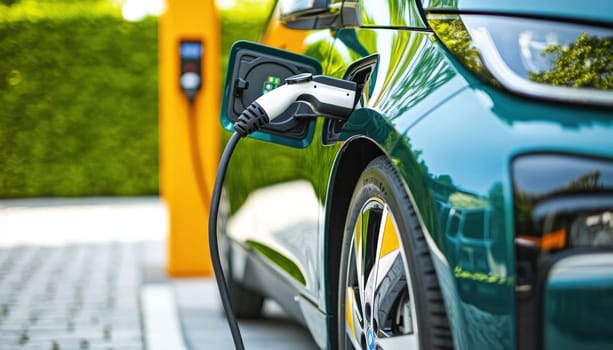 An environmentally friendly green electric car is currently being charged at a public charging station nearby