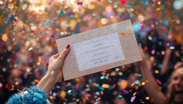 A woman is standing in front of a lively crowd while holding an envelope, surrounded by colorful confetti falling down
