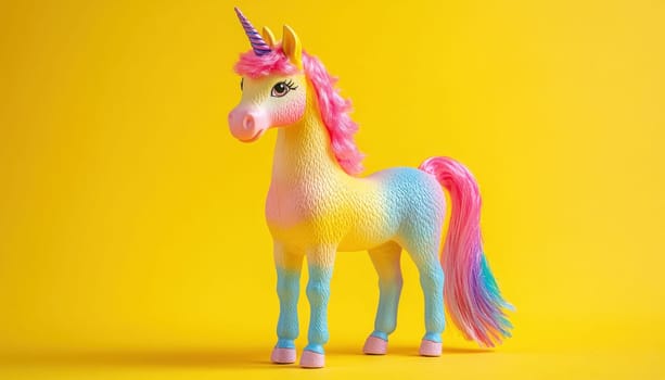 A vibrant, colorful unicorn toy is prominently standing on a bright yellow background that contrasts beautifully