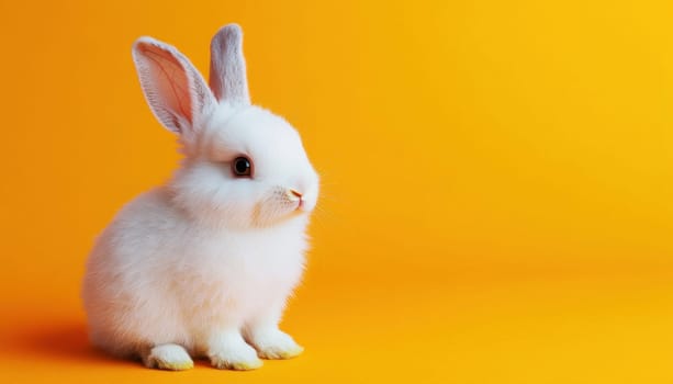 A fluffy white rabbit is sitting comfortably on a bright yellow background while curiously looking at the camera