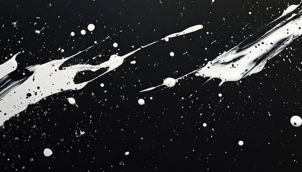 A dark black background featuring vibrant white paint splashes scattered across it artistically and randomly