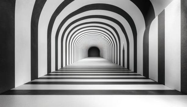 A long, black and white striped hallway featuring a door located at the end, inviting exploration ahead