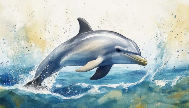 A dolphin is gracefully jumping out of the sparkling water in a beautiful watercolor painting that captures its motion
