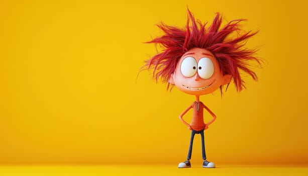 A cartoon boy, happily wearing glasses and a colorful plaid shirt, is standing in front of a bright yellow wall