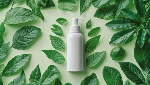 A pristine white bottle elegantly surrounded by lush green leaves set against a vibrant green background