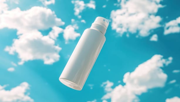 A beautiful white bottle gracefully floats in the air against a serene blue sky that is dotted with fluffy clouds