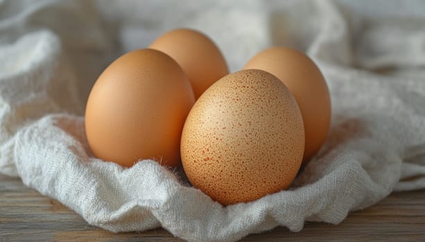 Three brown eggs are carefully placed on a clean white towel that is lying on a beautiful wooden table