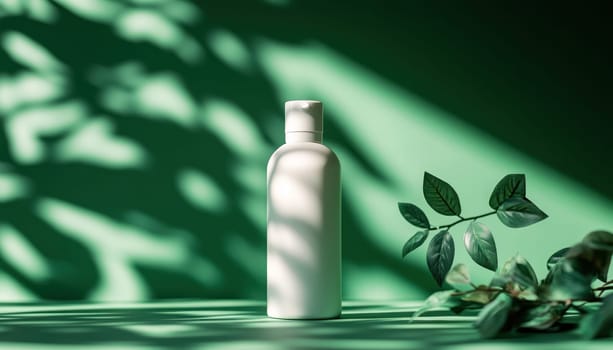 A white bottle is casually sitting on a table next to a green plant, creating a pleasant atmosphere