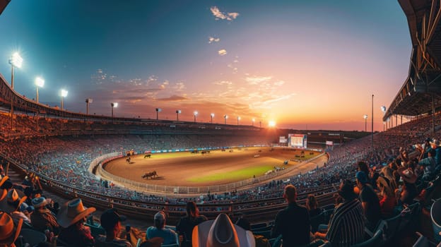 A lively rodeo event unfolds as the sun sets, illuminating a packed outdoor arena with cheering spectators and vibrant horse performances.