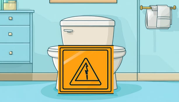 A colorful cartoon illustration depicting a bathroom that features a toilet, accompanied by a caution sign