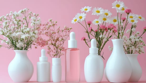 A beautiful row of elegant white vases filled with fresh flowers and colorful bottles set against a pink background