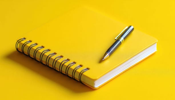 On a vibrant yellow background sits a yellow spiral notebook alongside a pen, ready for writing tasks ahead