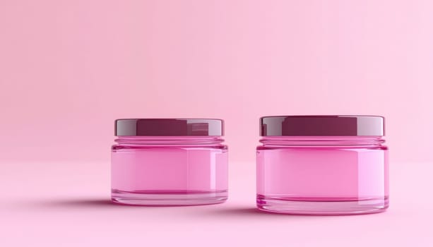 Two vibrant jars of creamy pink substance are positioned on a visually appealing pink background for aesthetics