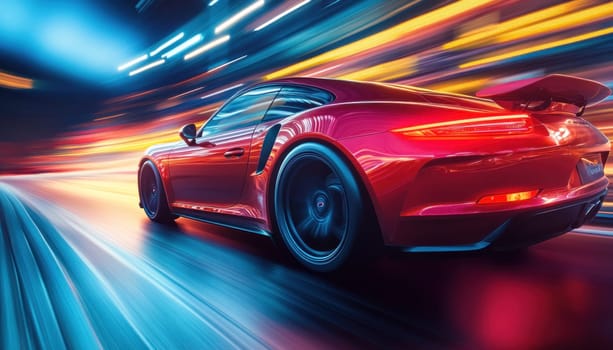 A shiny red sports car is driving swiftly down a long highway under the night sky, illuminated by street lights