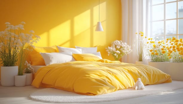 Imagine a cozy bedroom adorned with cheerful yellow walls, complemented by a bed featuring yellow sheets and pillows