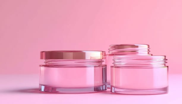 Three transparent glass jars are neatly stacked one on top of the other against a soft pink background