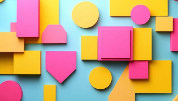 A vibrant assortment of colorful geometric shapes is beautifully displayed on a bright blue background