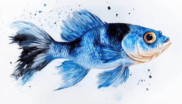 This artwork features a striking painting of a blue and black fish displayed vividly against a white background
