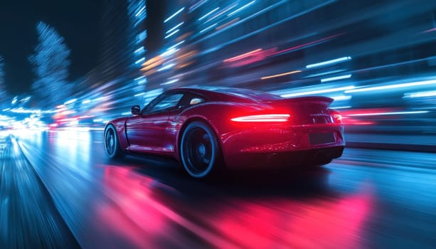 A shiny red sports car smoothly cruises down a bustling city street at night, surrounded by vibrant lights all around