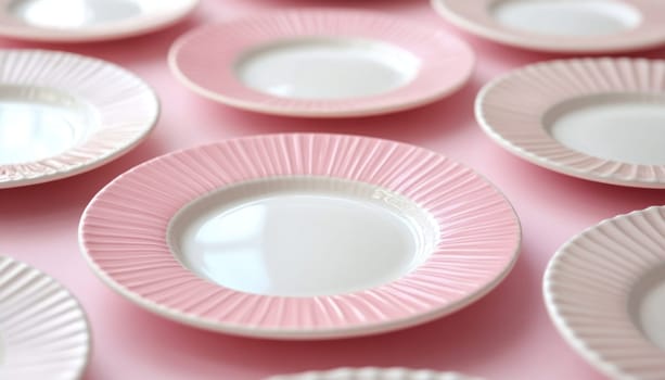 A collection of pink and white plates is beautifully arranged on a charming pink table, creating an inviting scene