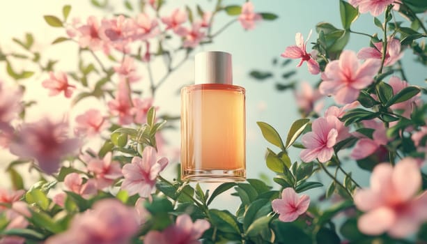 A lovely bottle of foundation is beautifully surrounded by gorgeous pink flowers and vibrant greenery